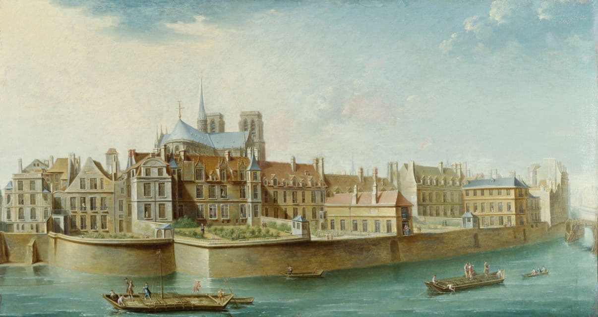 Nicolas Jean-Baptiste Raguenet - Le Cloître Notre-Dame, vu de l’île Saint Louis (quai d’Orléans)