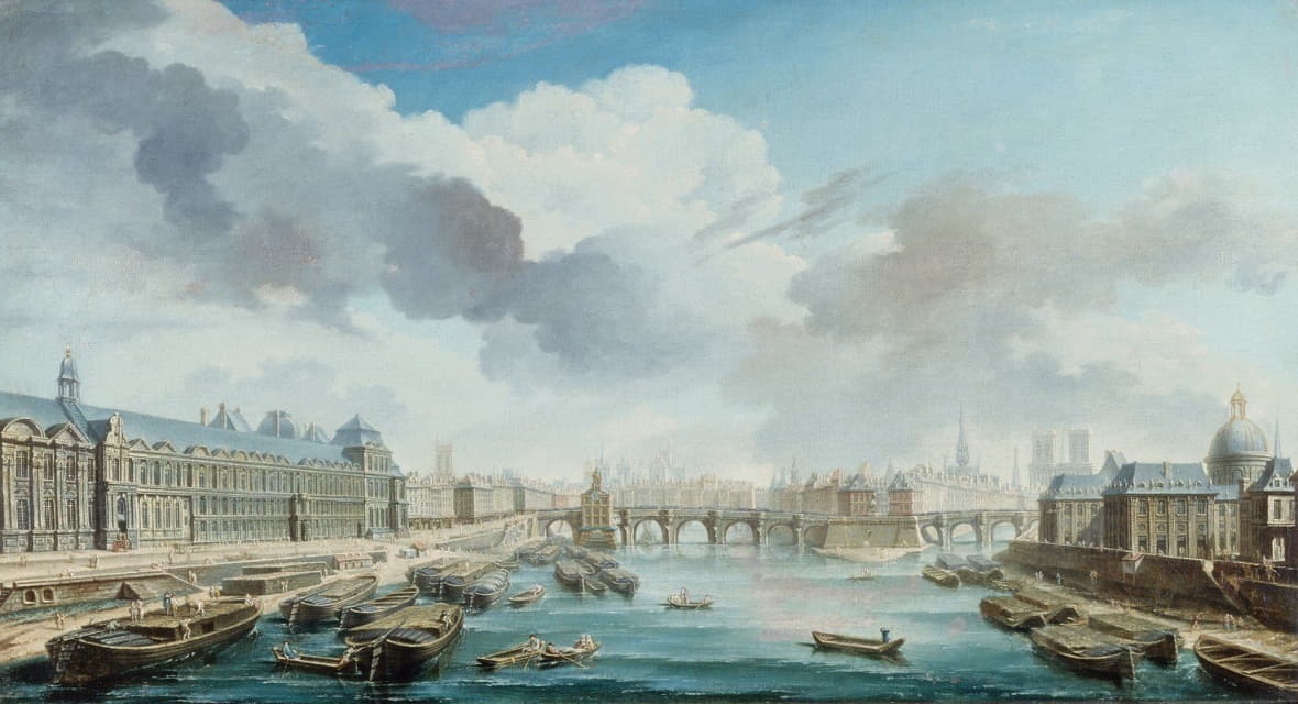 Nicolas Jean-Baptiste Raguenet - Le Louvre, le Pont-Neuf et le Collège des Quatre-Nations, actuel Institut de France, vus du pont Royal