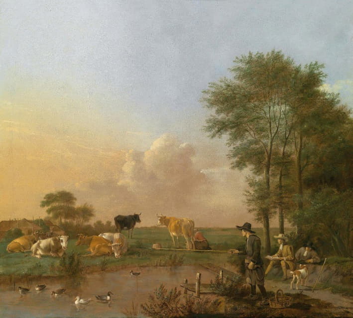 一个池塘景观，有一个绘图员、一个渔夫和放牧的牛