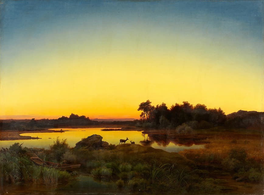 ANTON ZWENGAUER - Landscape with Deer at Sunset