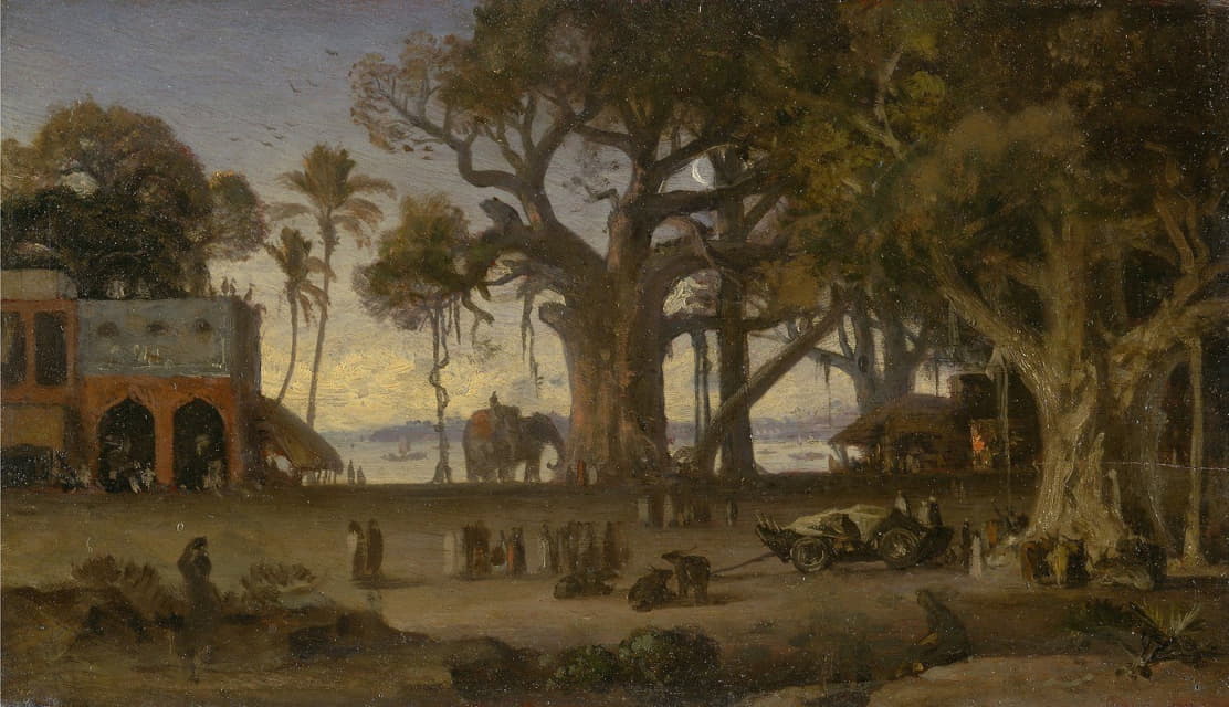 Auguste Borget - Moonlit Scene of Indian Figures and Elephants among Banyan Trees, Upper India (probably Lucknow)