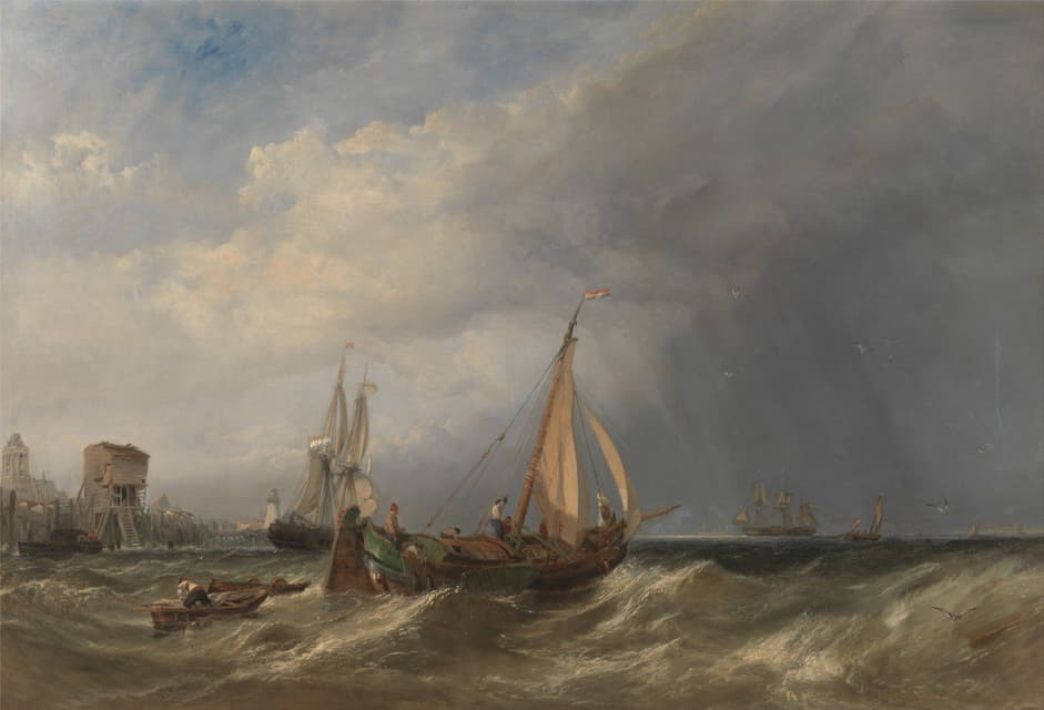 从鹿特丹驶出的荷兰驳船和商人