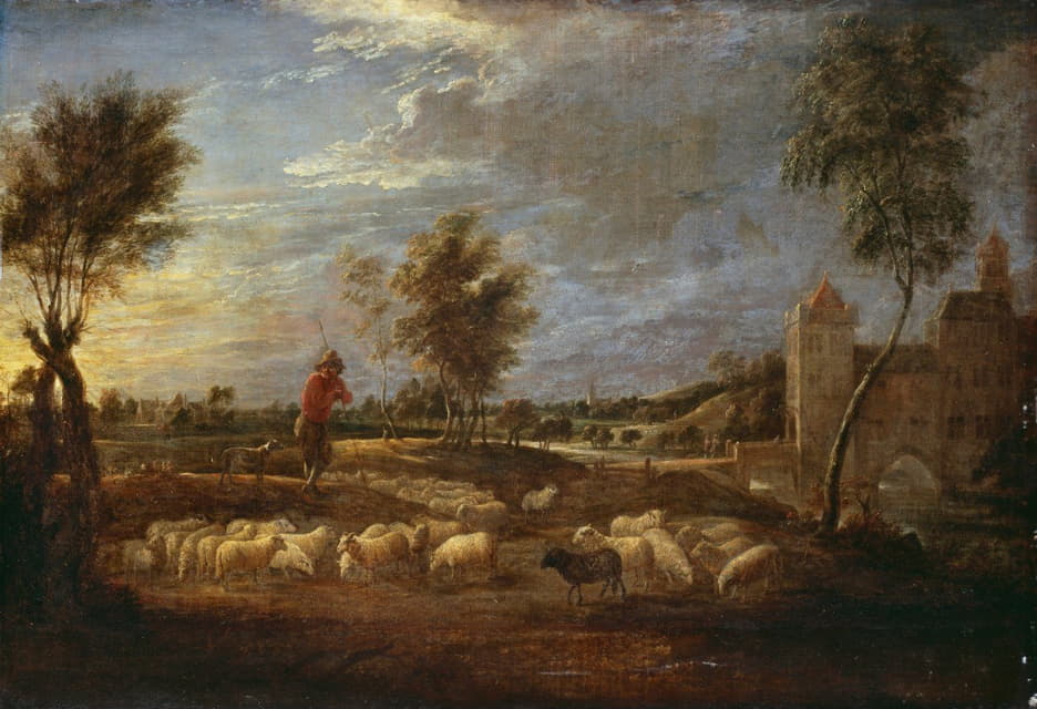 带着牧羊人和他的羊群的日落景观