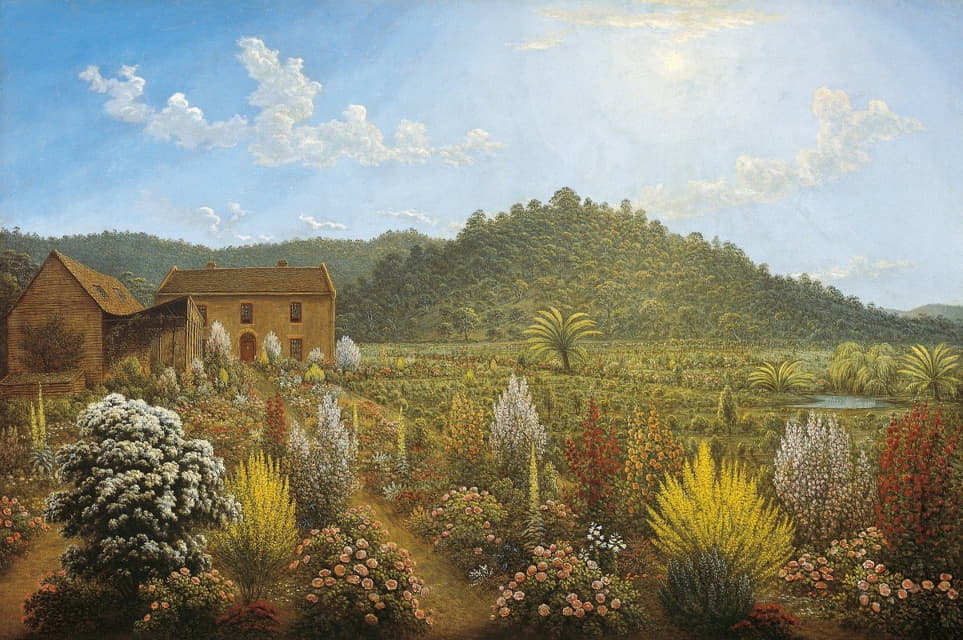 在范迪门的土地上的米尔斯平原上，可以看到艺术家的房子和花园