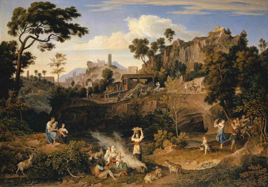 奥列瓦诺附近的风景，有一队跳舞的农民