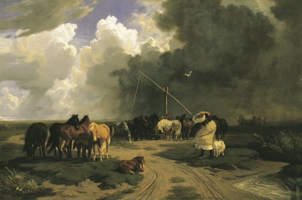 Károly Lotz - Horses in a Rainstorm