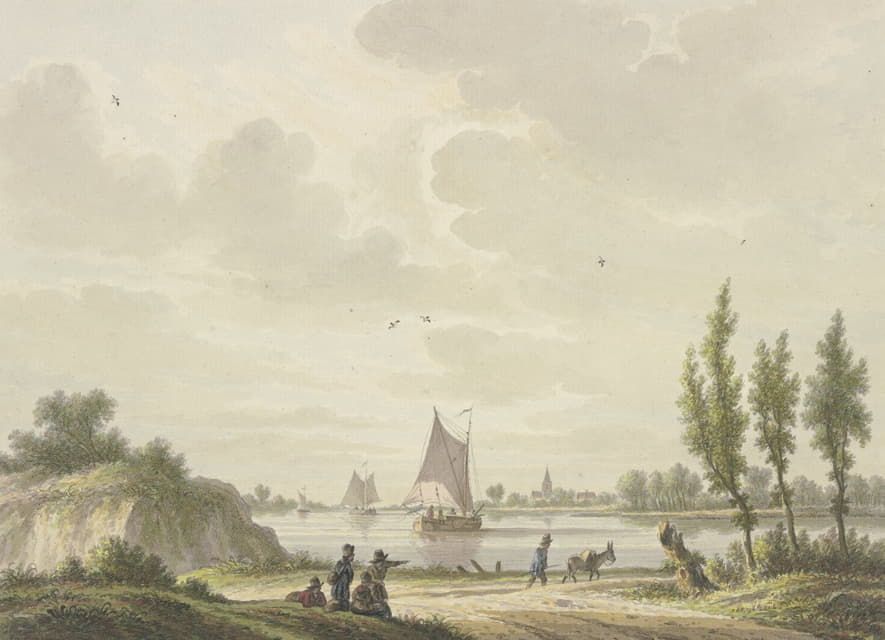 Nicolaas Wicart - Auf einem Fluss segeln drei Barken, vorne auf dem Weg ein Mann mit einem Esel, weiter links vier Figuren