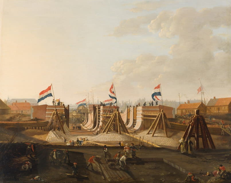 Petrus Kiers - The construction of the Oosterdokssluis, seen from the north