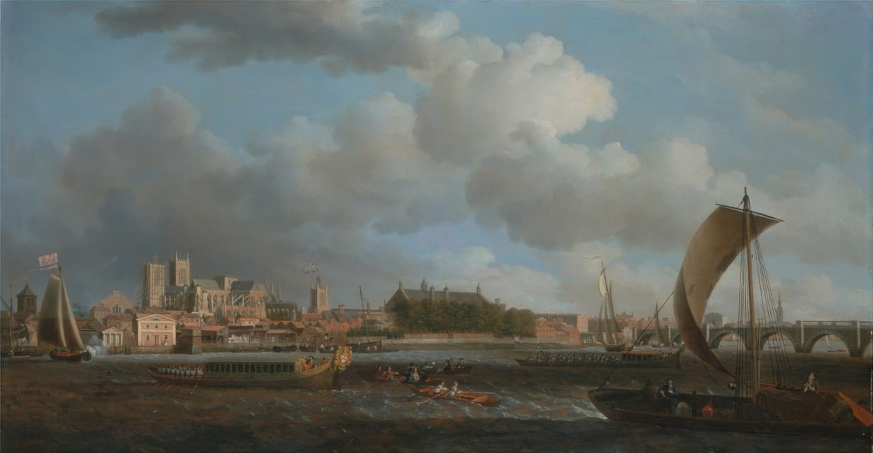 Samuel Scott - Westminster from Lambeth, with the Ceremonial Barge of the Ironmongers’ Company