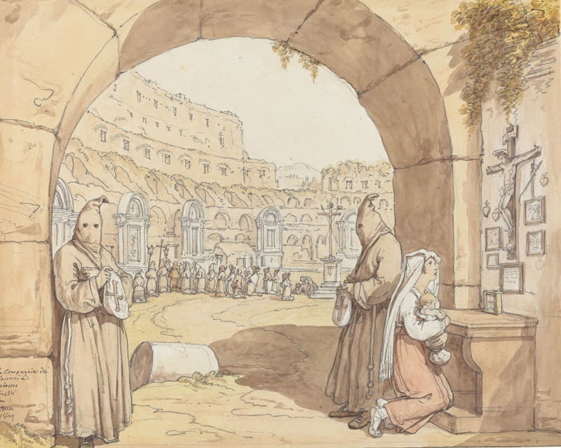 Bartolomeo Pinelli - La Compagnia dei sacconi al Colosseo (Penitents Praying at Altars in the Colosseum)