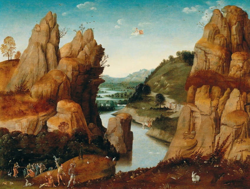 Follower of Joachim Patinir - A rocky landscape with scenes from the life of Saint John the Baptist