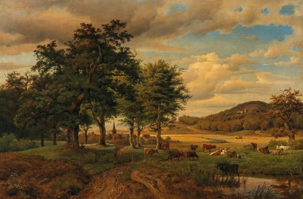 Georg Heinrich Crola - A Pasture Landscape with Cows, in the Background a Village