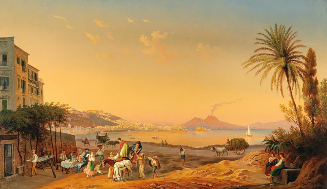 Hubert Sattler - Naples, a lively scene on the promenade at dusk, with Vesuvius in the background