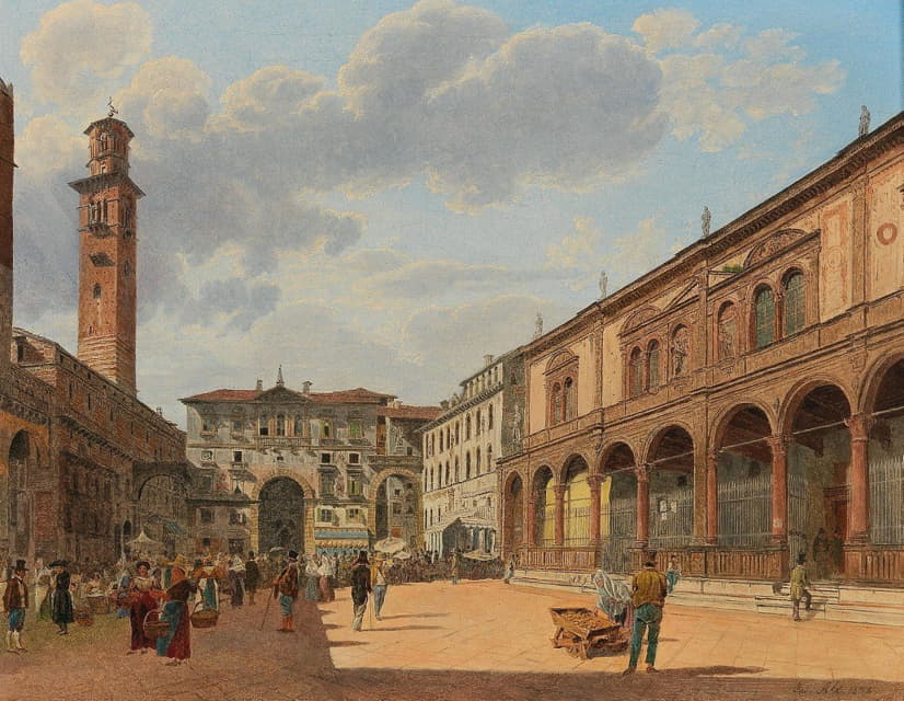 Jakob Alt - Verona, a view of Piazza delle Erbe