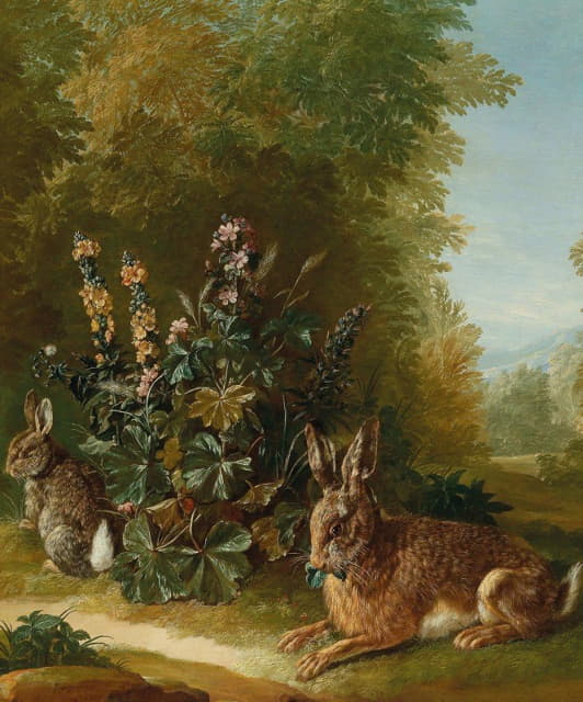 Jean Jacques Spoede - Two hares in a landscape,