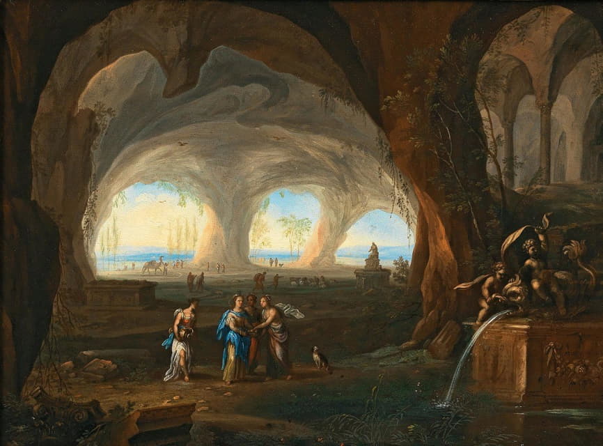 Monogramist MM - Grotto interior with women in antique dress at a fountain