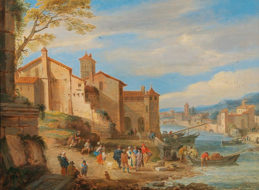 Pieter Bout - The port of Ripa Grande in Rome with merchants conversing