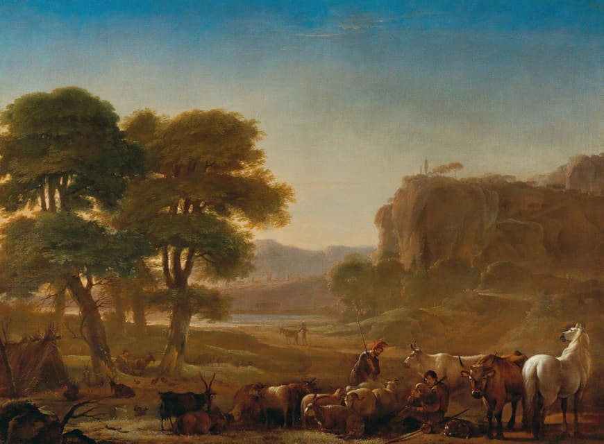 罗马平原上牧羊人和牲畜休息的景象
