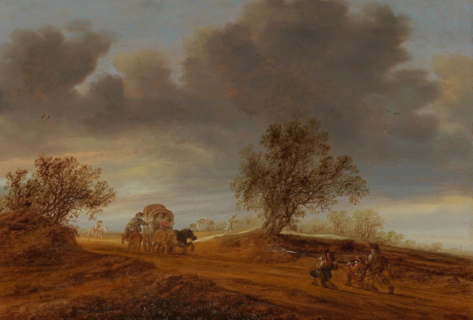 Jacob Salomonsz. van Ruysdael - A raid on a horse and wagon in the dunes at sunset