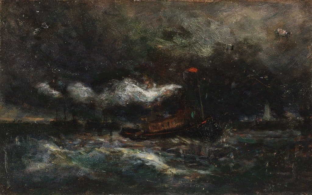 Edward Mitchell Bannister - Squall, Brenton Light (boat in storm_lighthouse in background)