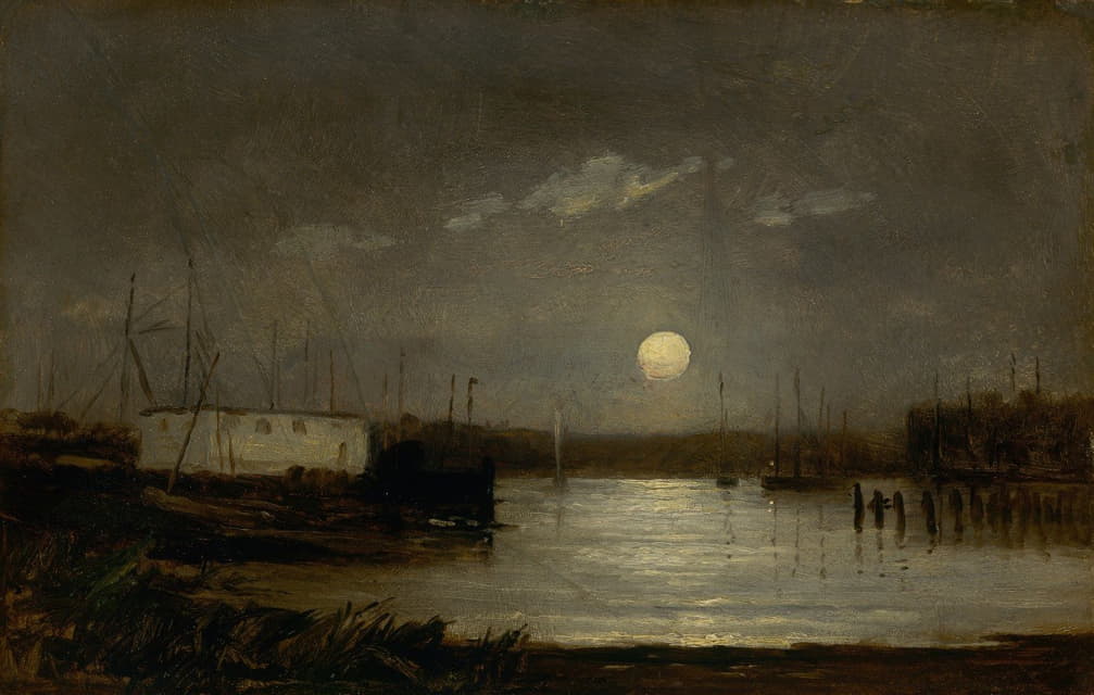 Edward Mitchell Bannister - Untitled (moon over a harbor, wharf scene with full moon and masts of boats)