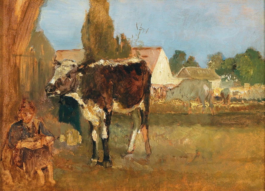 Emil Jakob Schindler - Animal Study – Landscape with Farmhouse, Cows and Farmer’s Wife
