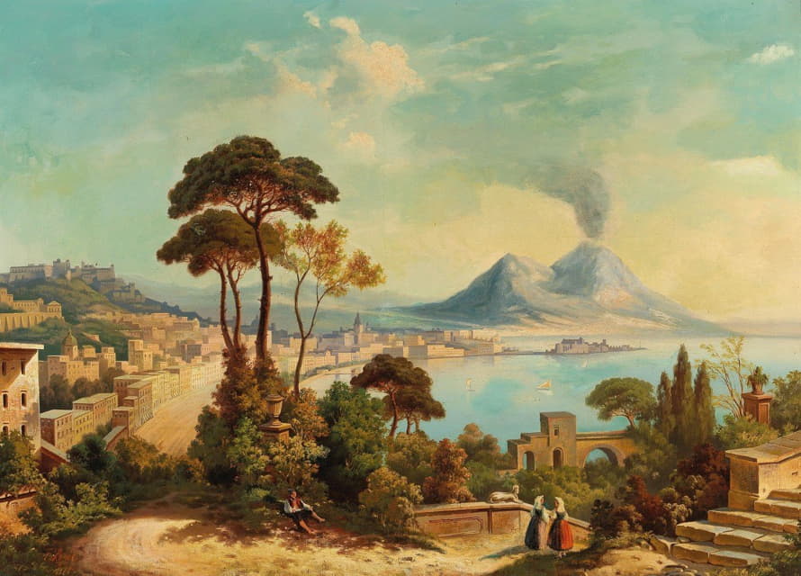 Ferdinand Lepie - View of Naples with Vesuvius in the background
