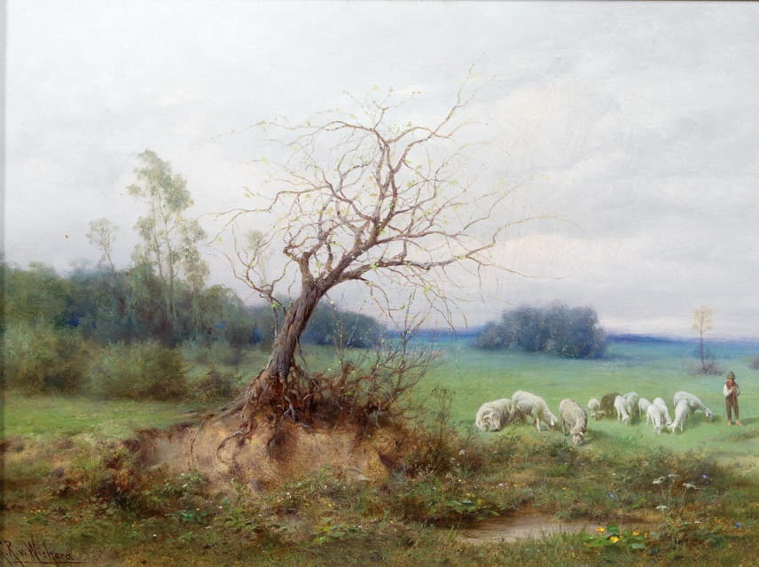 一群羊和牧羊人在一片开阔的风景中