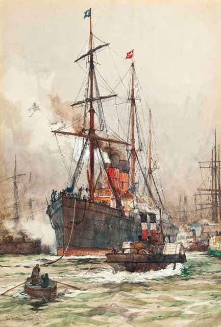 Charles Edward Dixon - The Aurania Under Escort As She Leaves The Harbour At Liverpool