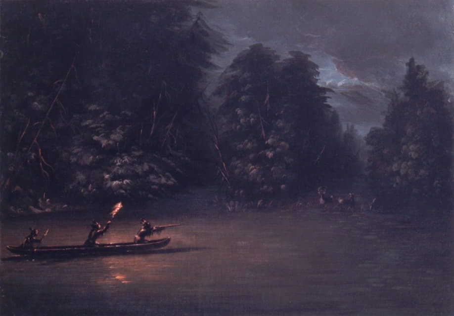 George Catlin - Deer Hunting By Torchlight In Bark Canoes