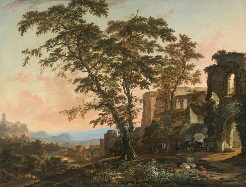 广阔的莱茵景观，农民和动物在罗马式废墟的阴影下休息