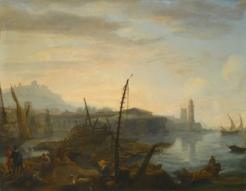 一个地中海港口，前景是人影休息，渔夫收网，远处是一座塔