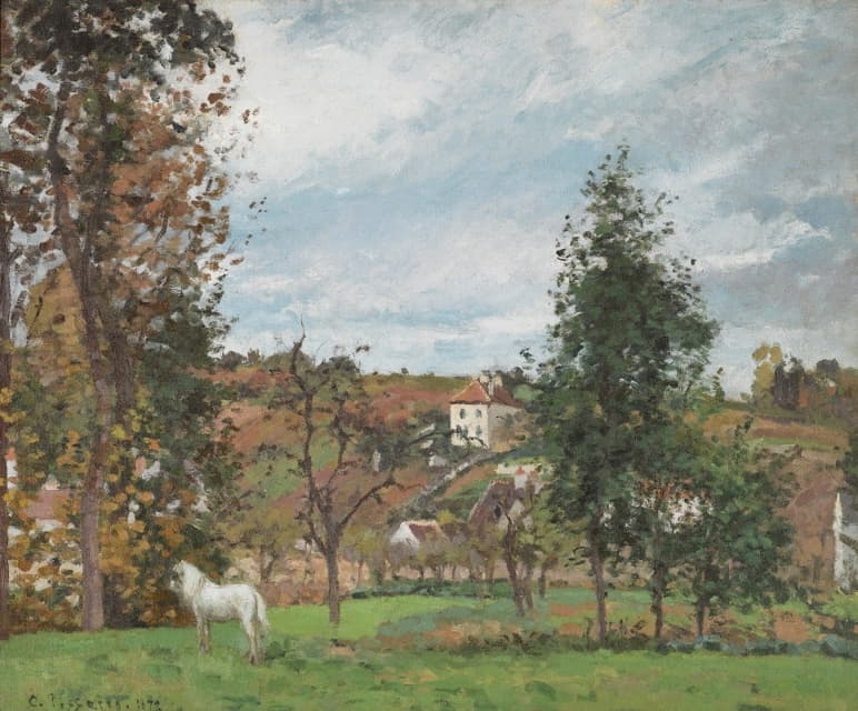 草地上的白马景观，L'Hermitage，Pontoise