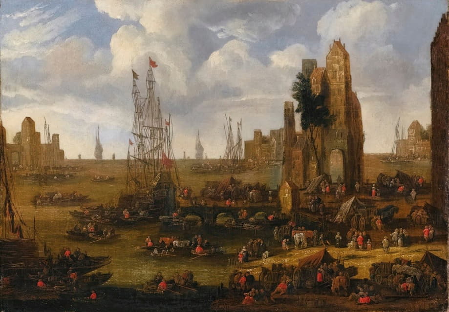 Pieter Casteels II - A Capriccio View Of A Busy Harbour Scene With Figures Loading Their Boats
