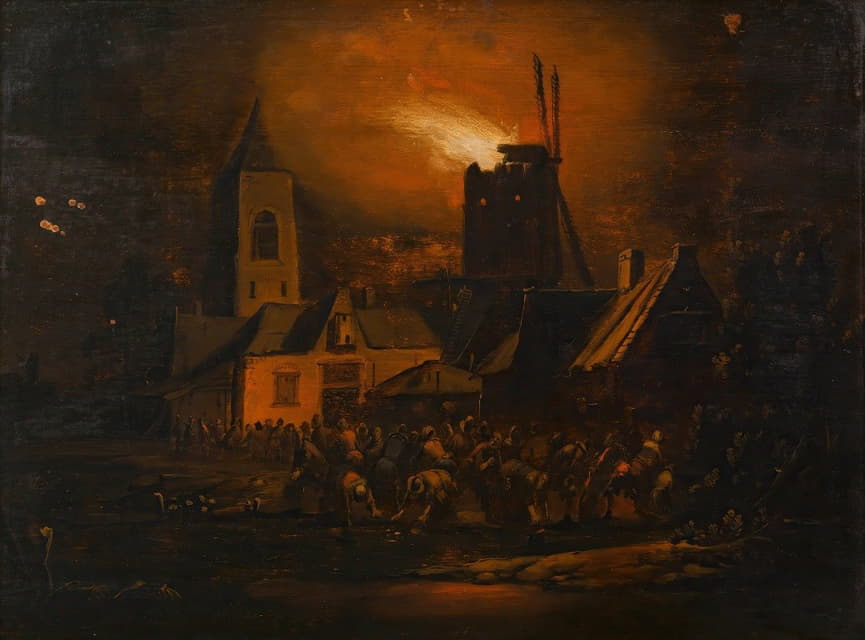 Albert Poel - Brand einer Windmühle (Nachtstück)