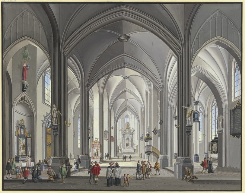 一座哥特式大厅教堂的内部，有许多穿着17世纪服装的职员。在18世纪，左边的一位牧师念弥撒，1790年