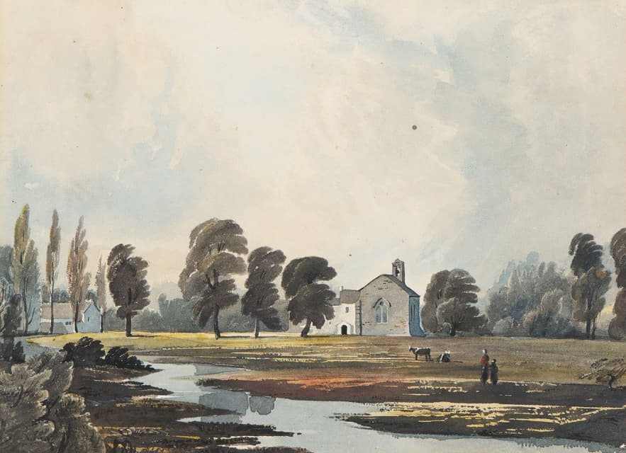 John Varley - Meadow Scene With A Stream And Church Beyond