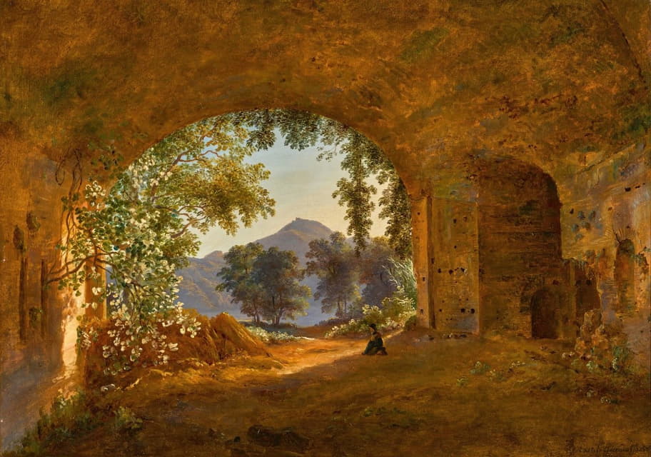 Louise-Joséphine Sarazin de Belmont - A Grotto with Castel Gandolfo Beyond