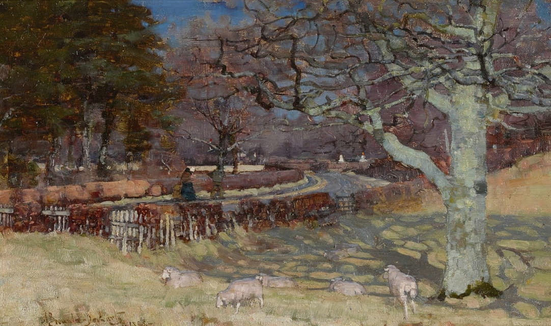 Alexander Brownlie Docharty - Sheep by a sun dappled road