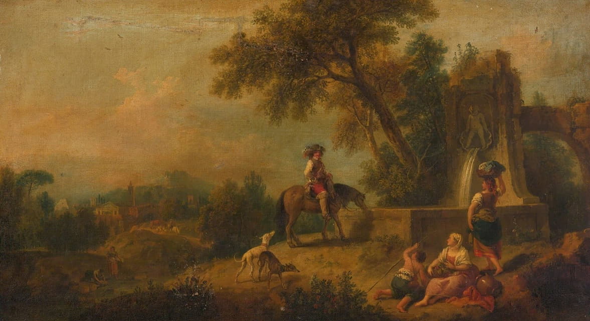 Francesco Zuccarelli - Landscape With Peasants, Fountain And Rider
