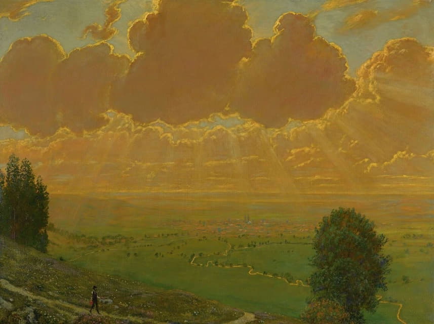 黑森林塞金根上空的旭日，有艺术家的首字母签名，日期为1910年