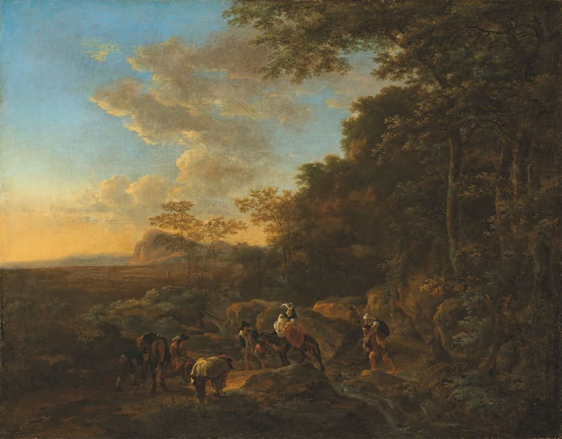 Jan Both - A wooded landscape with travellers crossing a ford