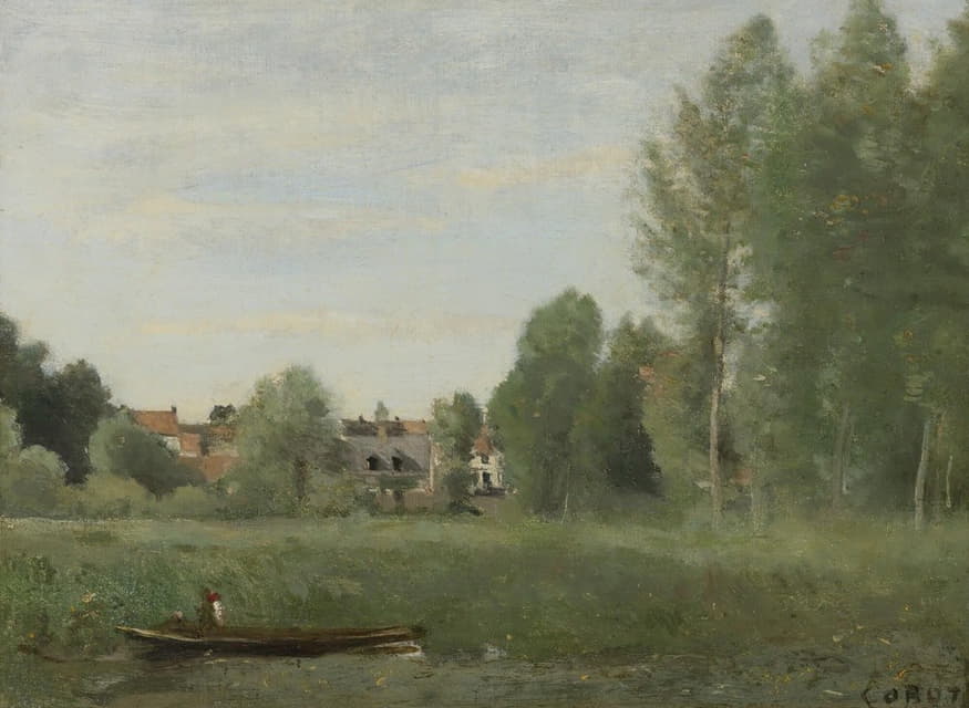 Jean-Baptiste-Camille Corot - Environs De Mantes, Petites Habitations Cachées Dans Les Arbes Près Du Bord De L’eau