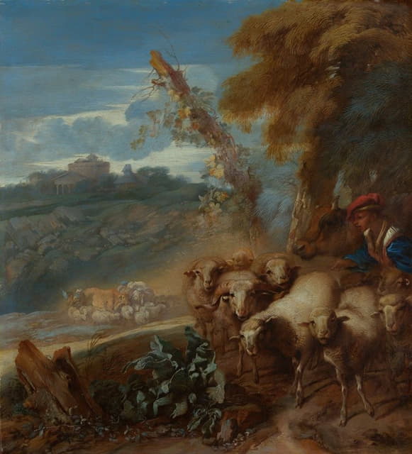 有牧羊人和绵羊的罗马风景