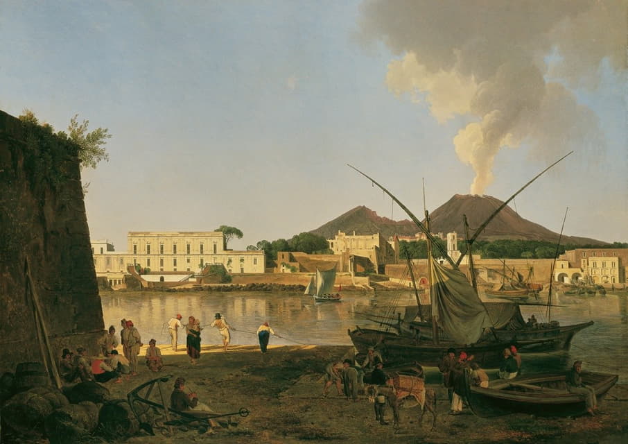 Joseph Rebell - Der Hafen Granatella bei Portici mit dem Vesuv im Hintergrund