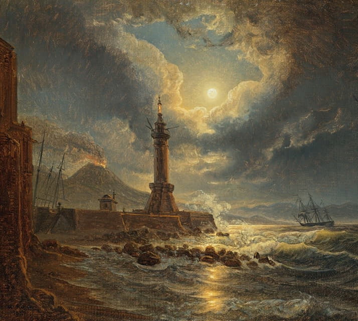 Joseph Rebell - Leuchtturm im Hafen von Neapel bei Mondschein