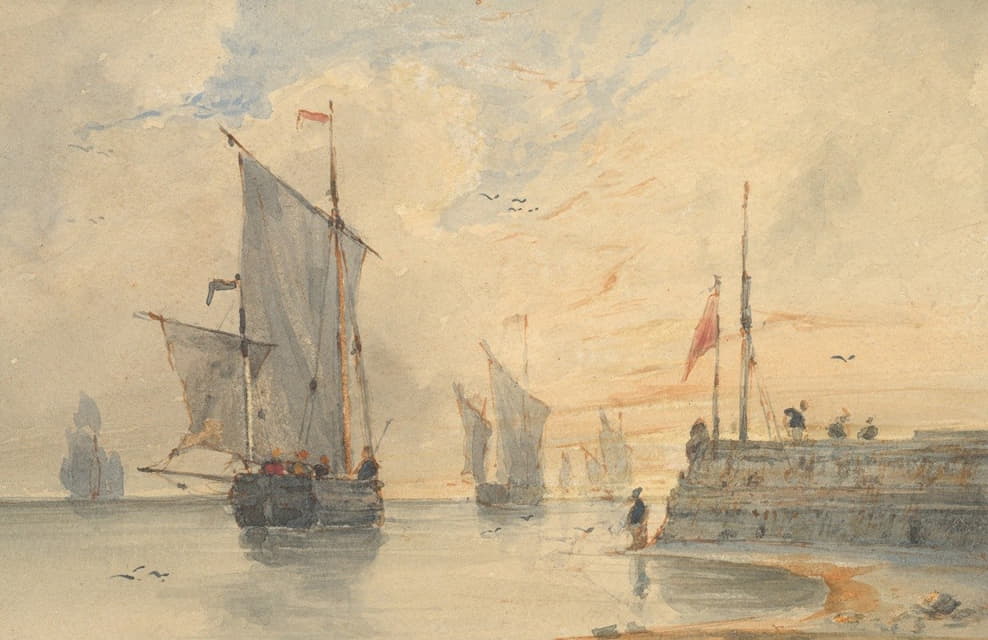 Louis François Thomas Francia - Fishing Luggers (Chasse-marée) Making Sail, Off Calais
