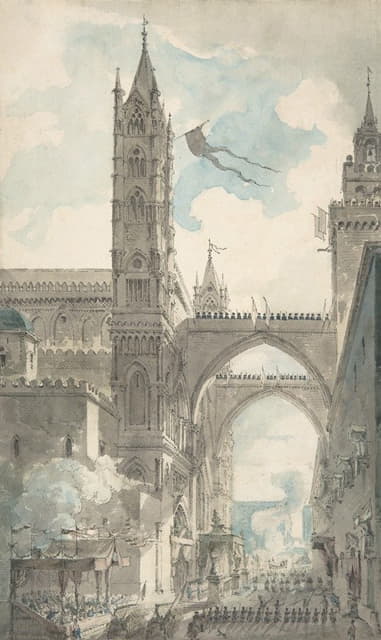 斯塔节期间巴勒莫大教堂的大门和主入口视图。罗莎莉亚