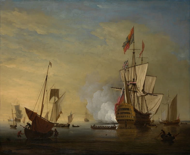 Peter Monamy - Harbor Scene; An English Ship with Sails Loosened Firing a Gun