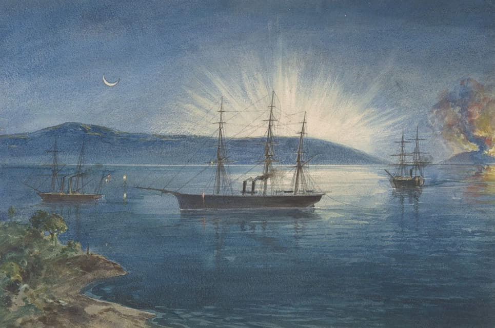 1858年8月5日，纽芬兰三一湾的布尔阿姆斯湾，山上燃起篝火，通知电缆船队的到来